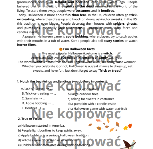 Czytanka Karta Pracy "Halloween - A Spooky Tradition" A2