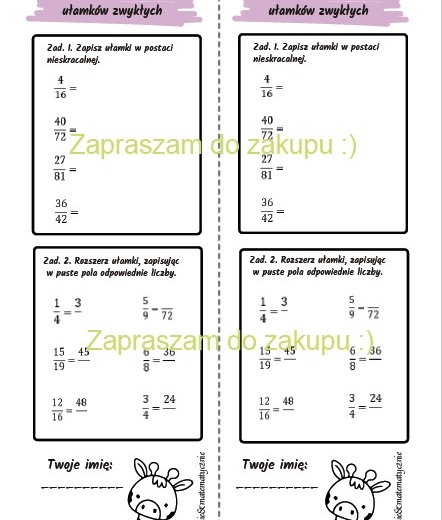 Skracanie i rozszerzanie ułamków zwykłych - kartkówka (klasa 4-5).
