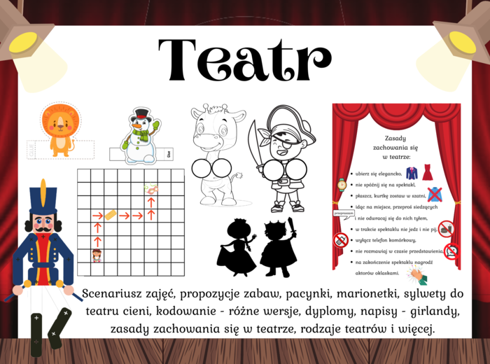 Jestem kulturalny: Wizyta w teatrze, Jak zachować się w teatrze? - plansza, Zabawy paluszkowe i gotowe postacie do wycięcia i ozdobienia, Kodowanie na dywanie - 16 kart A4 + plansza do kodowania