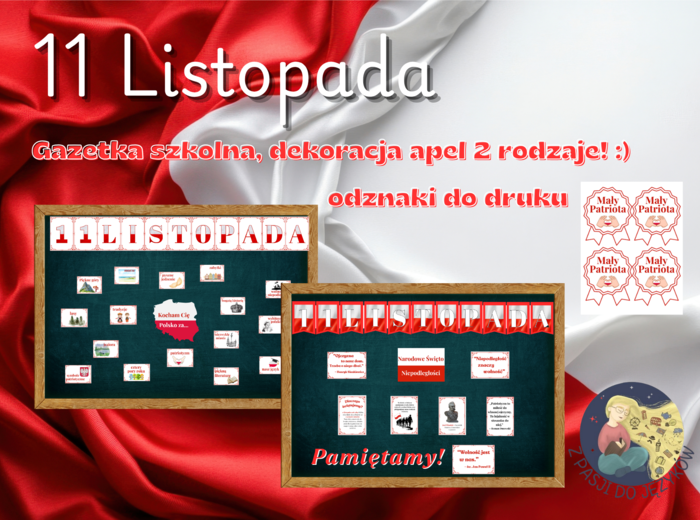 Gazetka edukacyjna, dekoracja 11 Listopada, Święto Niepodległości, do druku, napisy dekoracyjne.