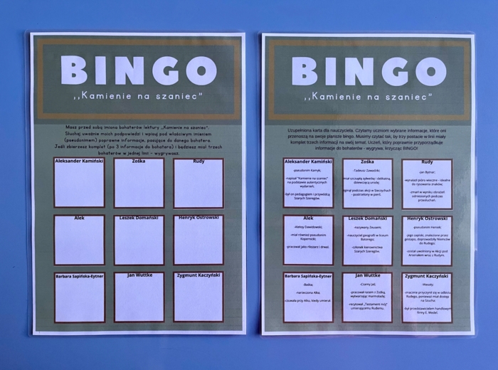 Bingo - "Kamienie na szaniec" - zamiast kartkówki