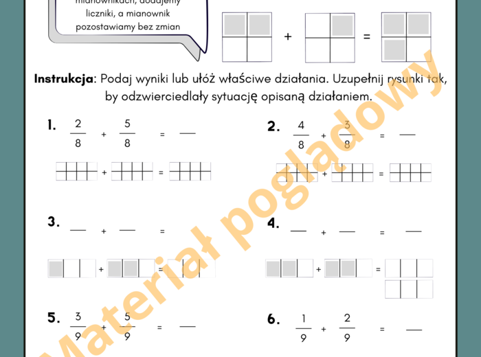 Dodawanie ułamków zwykłych o tych samych mianownikach (wraz z interpretacją graficzną). Karta pracy