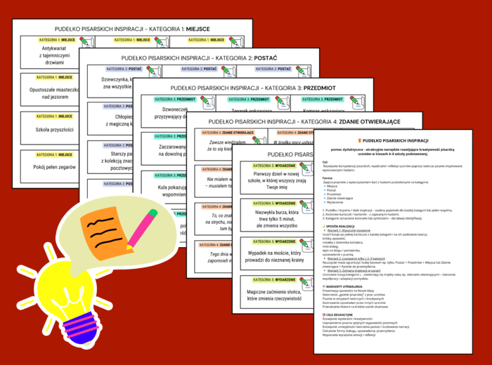 PUDEŁKO PISARSKICH INSPIRACJI - ćwiczenia redakcyjne - 120 fiszek - opowiadanie - fiszki