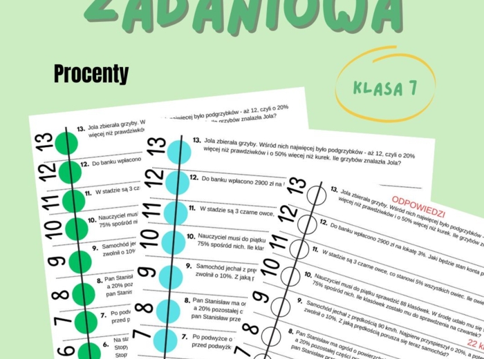 Procenty, zadania tekstowe, klasa 7, sztafeta zadaniowa
