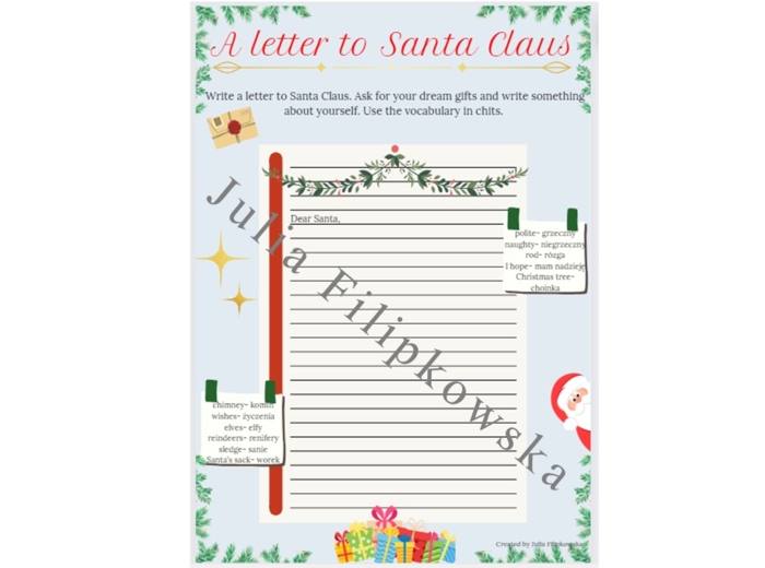 List do Świętego Mikołaja/ Boże Narodzenie/ Praca Domowa/ Christmas/ Warm-up/ Rozgrzewka/ Klasy 4-6/ A letter to Santa Claus