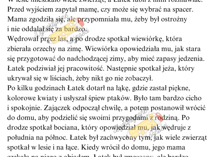 Czytanie ze zrozumieniem - 4 teksty dłuższe + pytania. Przygody zajączka Łatka, Ola i tajemniczy las, Maja i jej piesek, Zamek na wzgórzu.