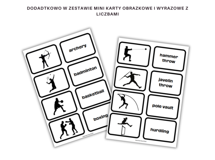Summer Olympics Vocabulary Worksheet Set, names of sports and equipment - Igrzyska Olimpijskie, Słownictwo, Karty pracy, nazwy sportów i wyposażenia, dodatkowo mini karty obrazkowe i wyrazowe do gry w memory, angielski dla sportowców