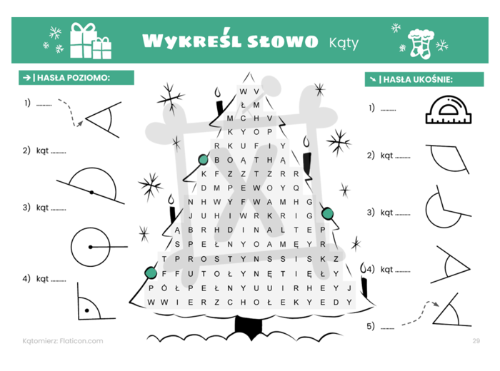 Matematyczna wykreślanka dla klasy czwartej. Kąty. Boże Narodzenie.