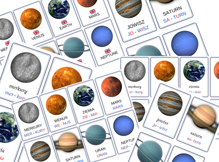 Edukacyjny Układ słoneczny - plansze na rzepy, piktogramy planet, karty edukacyjne z nazwami polskimi i angielskimi