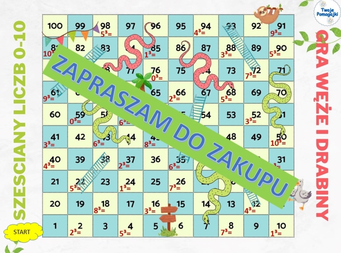 Sześciany liczb 0-10 gra węże i drabiny i plakat