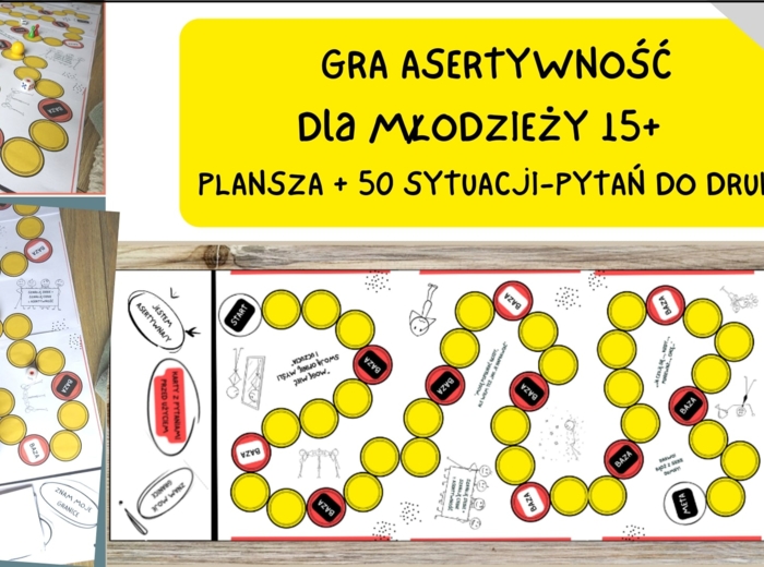 Gra planszowa „Asertywność dla młodzieży 15+. Plansza + 50 pytań” – pomoc edukacyjna do druku