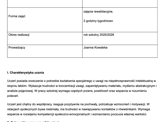Roczny plan pracy rewalidacyjnej dla ucznia z niepełnosprawnością intelektualną w stopniu lekkim V klasa SP