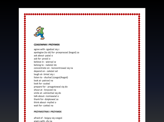 Czasowniki z przyimkami i przymiotniki z przyimkami- lista + ćwiczenia z kluczem