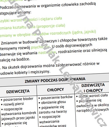 Dojrzewanie to czas wielkich zmian (uzupełniona karta pracy)