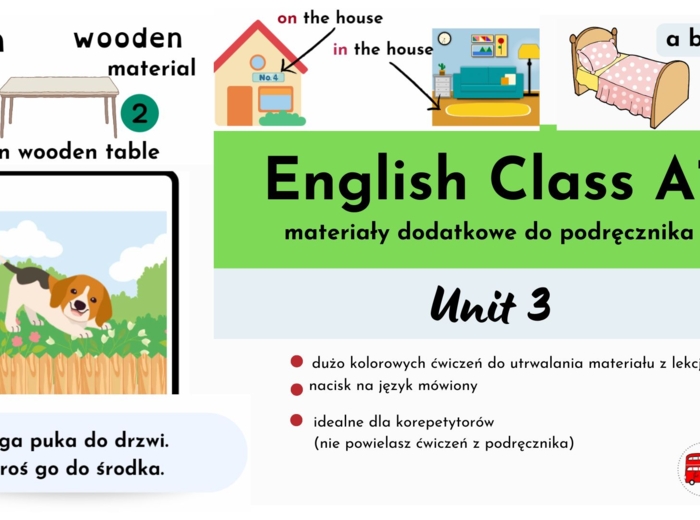 English Class A1, unit 3, materiały dodatkowe, There is/are, przyimki miejsca, krótki opis pomieszczeń