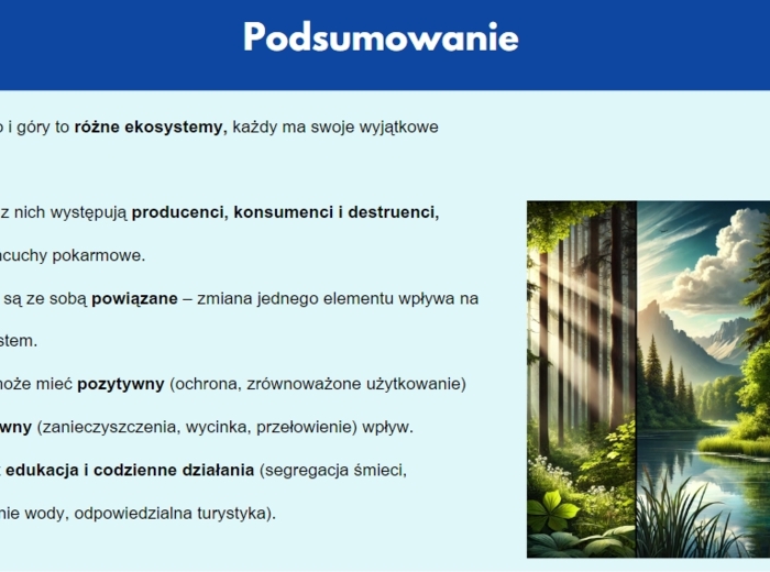 Prezentacja multimedialna. Różne ekosystemy (las, jezioro, góry). Zależności między organizmami