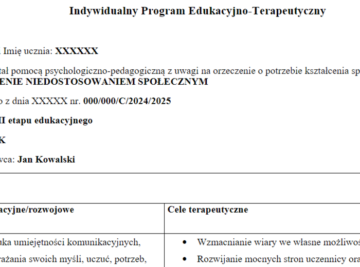 Indywidualny Program Edukacyjno-Terapeutyczny (IPET) // ZAGROŻENIE NIEDOSTOSOWANIEM SPOŁECZNYM