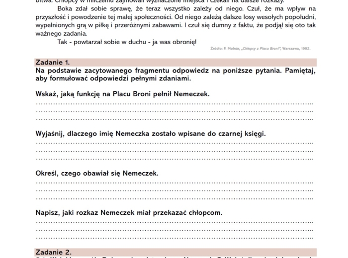 Karta pracy "Chłopcy z Placu Broni" - krytyczne czytanie