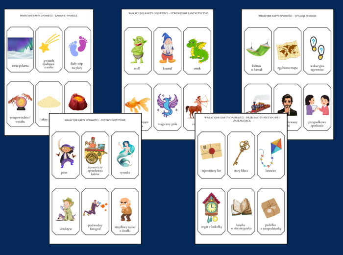 WAKACYJNE KARTY OPOWIEŚCI – ćwiczenia redakcyjne – 66 szt. – wakacje – lato – opowiadanie