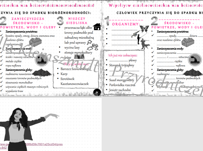 Minizestaw na temat „Wpływ człowieka na różnorodność biologiczną”– sketchnotka + karta pracy w power point + gratisowy link do prezentacji multimedialnej niekomercyjnej wykonanej w genial.ly do indywidualnego pobrania i użycia do celów niekomercyjnych. B