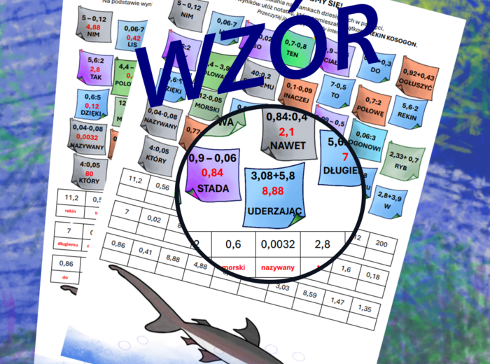 (klasa 6, klasa 7) Cztery działania pamięciowe na ułamkach dziesiętnych z rekinem.