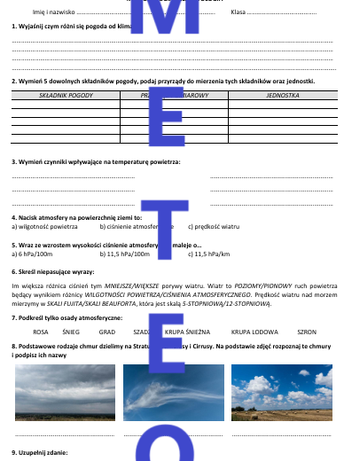 Meteorologia i klimatologia - sprawdzian