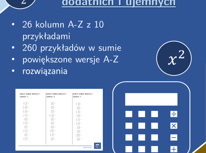 Kwadrat ułamków dodatnich i ujemnych | matematyka | 26 kolumn