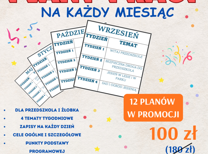 PLANY PRACY NA CALY ROK - KAŻDY MIESIĄC (12 miesięcy planów do edycji, wraz z wpisami do dziennika, celami i materiałami do druku)