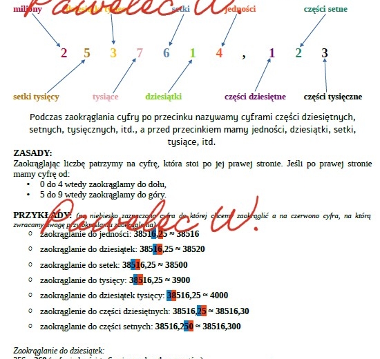 ZAOKRĄGLANIE LICZB - plakat z przykładami i wyjaśnieniem
