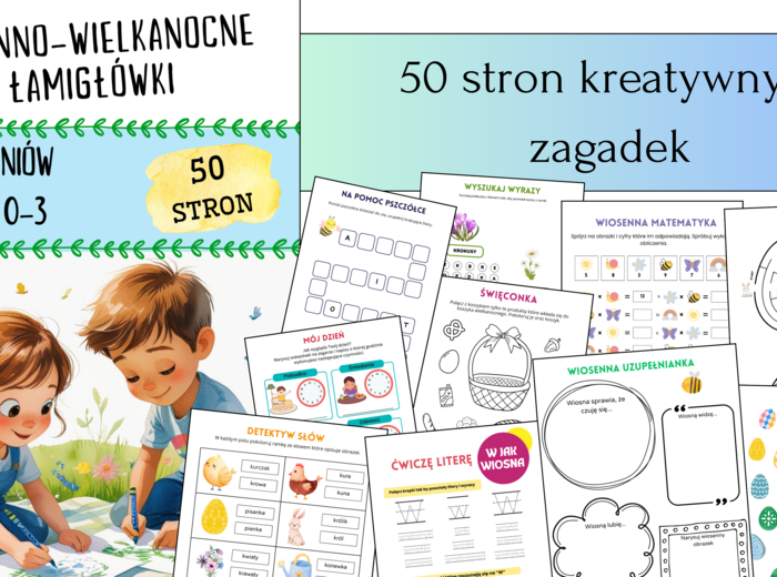 Wiosenne łamigłówki, książka zadań / 50 stron kreatywnych zagadek / pomocy naukowych, klasy 0-3.
