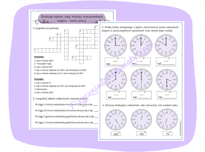 Rodzaje kątów, kąty między wskazówkami zegara - karta pracy/kartkówka.