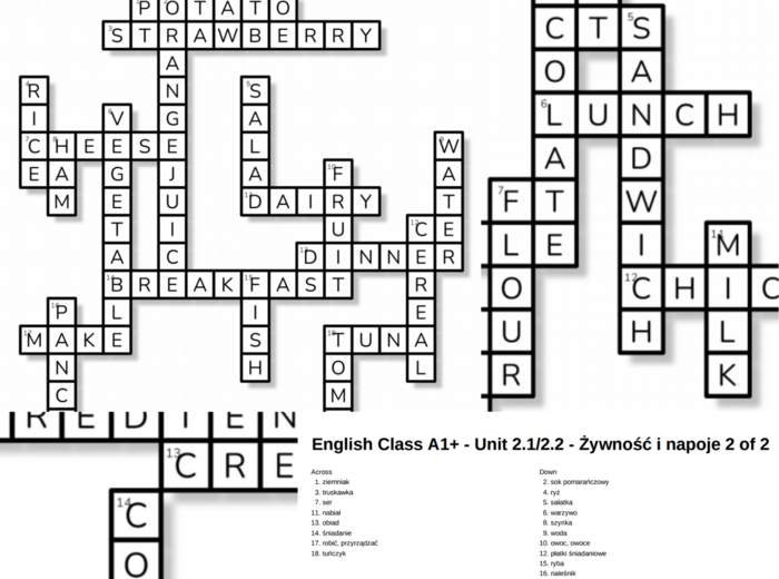 English Class A1+ – Unit 2 – krzyżówki – Żywność i napoje/Opakowania/2.5
