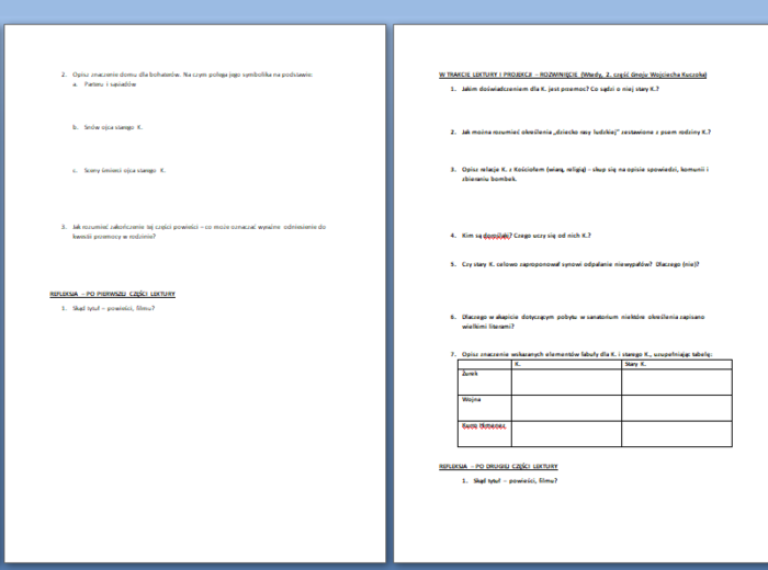 Gnój Wojciech Kuczok - karta pracy do lektury fragmentów