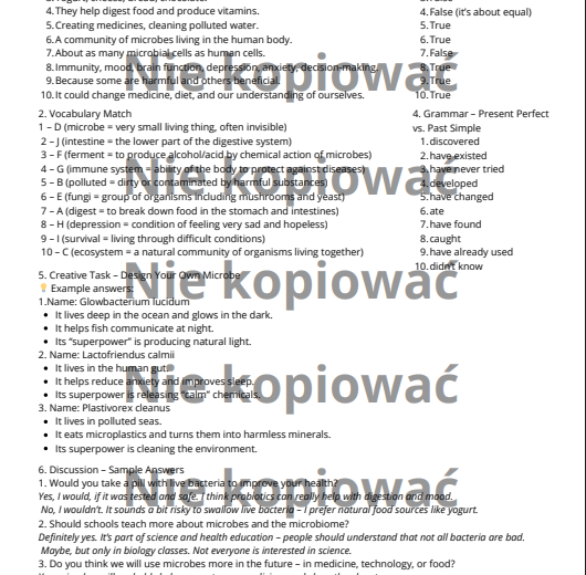 Karta pracy - czytanka "The Secret Life of Microbes" B2 z ćw. na czas Present Perfect v. Past Simple