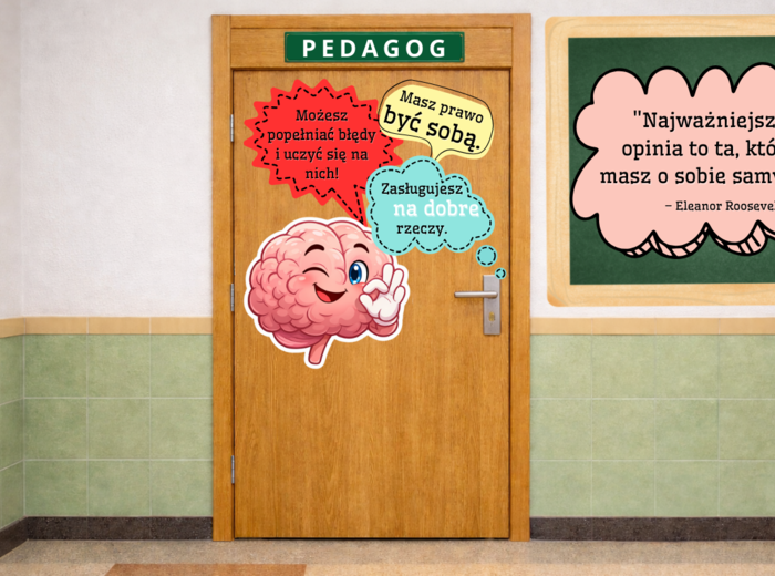 Gazetka i dekoracja drzwi- afirmacje. Psycholog, pedagog, wychowawca