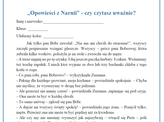 "Opowieści z Narnii" - czytanie ze zrozumieniem