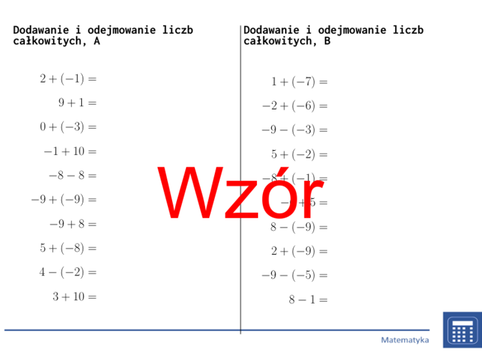 Dodawanie i odejmowanie liczb całkowitych | matematyka | 26 kolumn