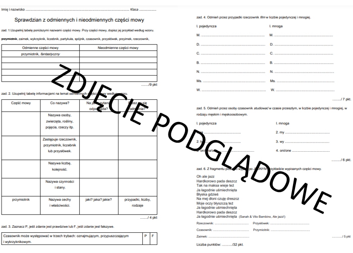 Sprawdzian z odmiennych i nieodmiennych części mowy