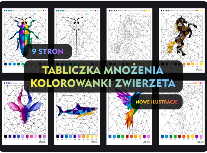 Kolorowanka według wyników mnożenia - VOL 2- (9 stron) zestaw podstawowy na dzień tabliczki mnożenia, mnożenie 1-10, wielokrotności