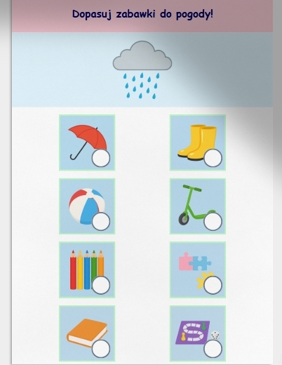 Karty pracy. Dopasowywanie zabawek do pogody. Grafomotoryka. Kolorowanki tematyczne.