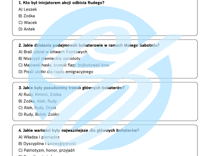 Test z lektury „Kamienie na szaniec” | Aleksander Kamiński| Szkoła podstawowa | 15 pytań ABCD + Klucz + Skala ocen
