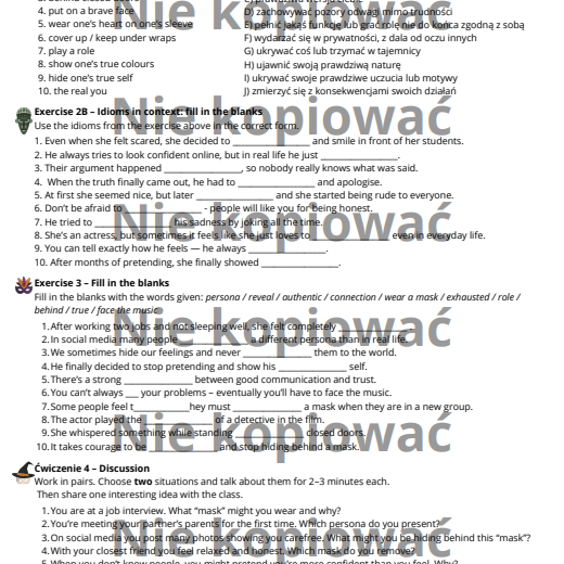 Karta pracy z czytanką "The Secret Behind the Mask" słownictwo: emocje i osobowość B1