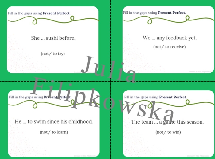 Present Perfect/ Karty do mówienia/ Mówienie/ Speaking/ Zestaw/ Pakiet/ Klasy 4-8/ Klasy 4-6/ Klasy 6-8/ SP/ Warm-up/ Rozgrzewka/ Gramatyka/ Grammar/ Speaking cards grammar/ Grammar cards/ E8