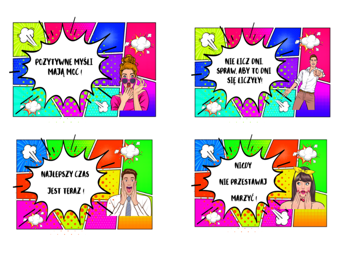 Motywacyjna gazetka w stylu komiksowym.