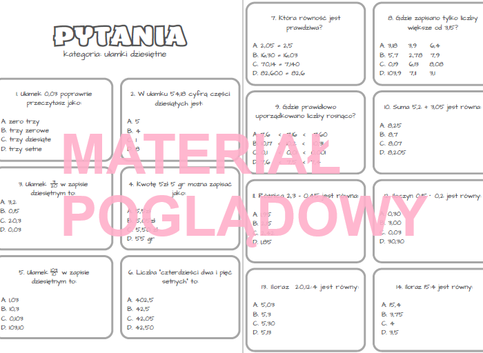 Gra dydaktyczna (a-z quiz) - ułamki dziesiętne kl.4-8