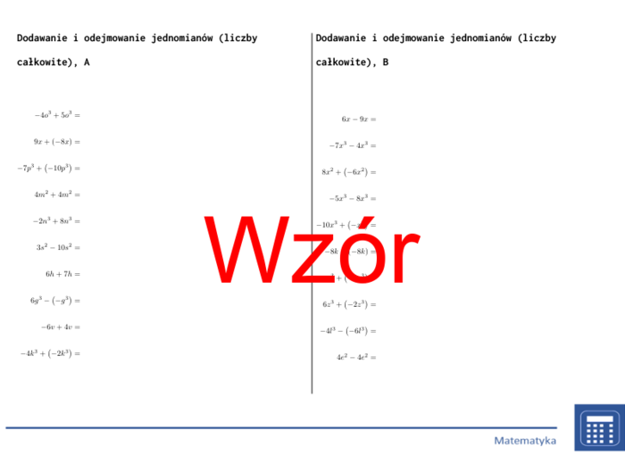 Dodawanie i odejmowanie jednomianów (liczby całkowite) | matematyka, algebra | 26 kolumn