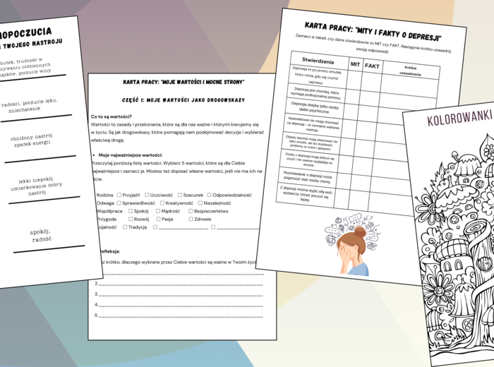 Praktyczny pakiet kart pracy dla nauczycieli i specjalistów/ emocje/ depresja/ mocne strony/ kolorowanki antystresowe