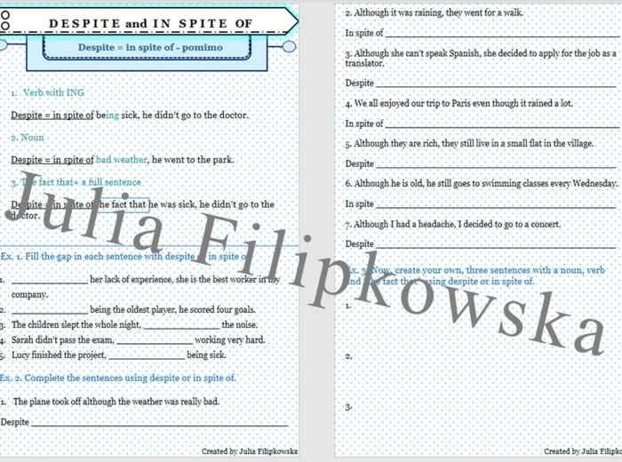 Karta pracy/ Zadania/ Despite/ In spite of/ Grammar/ Gramatyka/ English Grammar/ Ćwiczenia/ Zestaw zadań/ SP/ SP 7-8/ SP 8/ Liceum/ Matura/ Gotowa lekcja