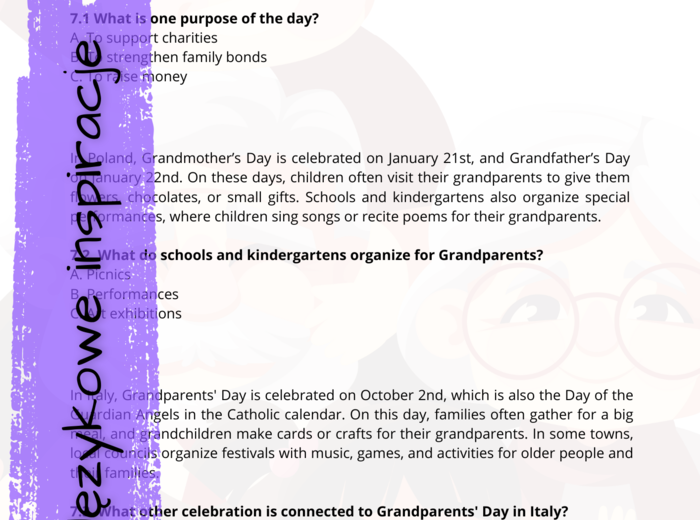 Grandma's Day and Grandpa's Day. Dzień babci i dziadka. Karty pracy. E8 Angielski