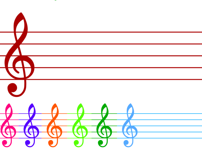 Muzyka. Szeroka pięciolinia+klucz wiolinowy. 7 różnych kolorów.